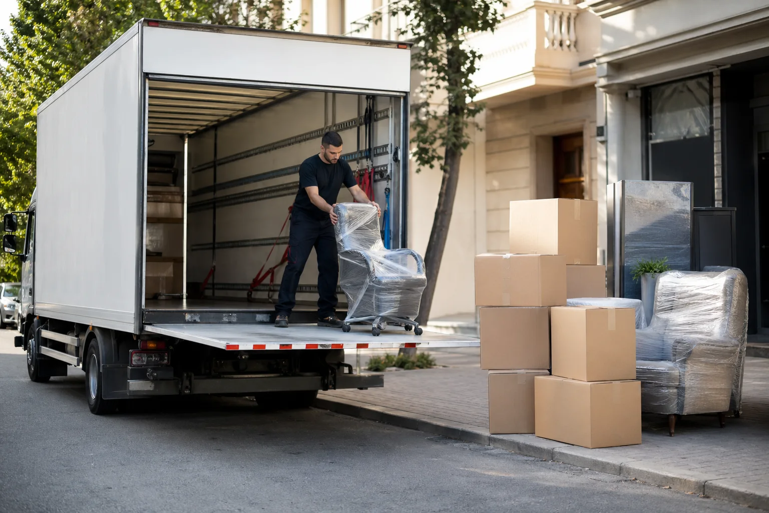 Visual de apoyo: camión preparado junto con cajas y mobiliario embalado para un traslado